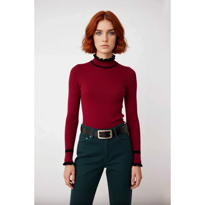 Kadın Triko Fitted Kalıp Dik Yaka Fitilli Renk Bloklu Uzun Kollu Kazak Günlük Tarzın Modern Hali