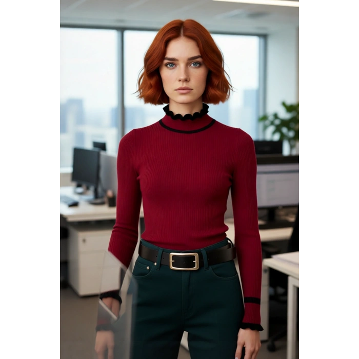 Kadın Triko Fitted Kalıp Dik Yaka Fitilli Renk Bloklu Uzun Kollu Kazak Günlük Tarzın Modern Hali