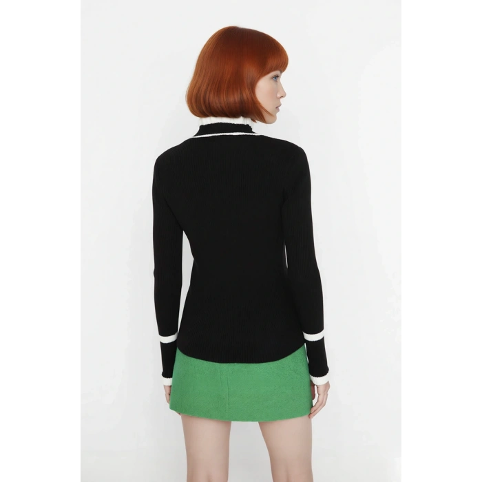 Kadın Triko Fitted Kalıp Dik Yaka Fitilli Renk Bloklu Uzun Kollu Kazak Günlük Tarzın Modern Hali