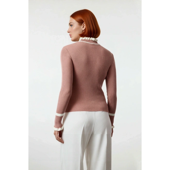 Kadın Triko Fitted Kalıp Dik Yaka Fitilli Renk Bloklu Uzun Kollu Kazak Günlük Tarzın Modern Hali