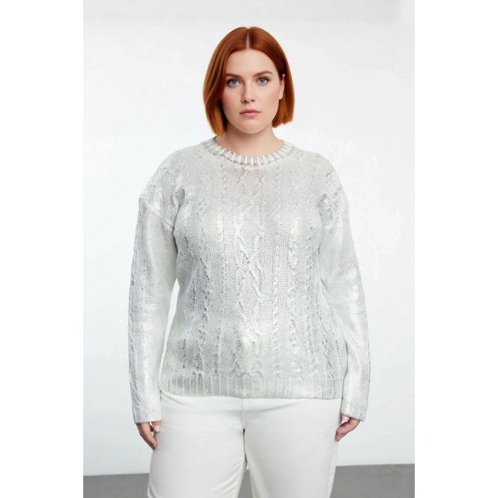 Kadın Triko Gümüş Varak Saç Örgü Crop Bisiklet Yaka Kışlık Rahat Günlük Kazak Stili Kaliteli