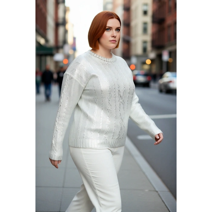 Kadın Triko Gümüş Varak Saç Örgü Crop Bisiklet Yaka Kışlık Rahat Günlük Kazak Stili Kaliteli