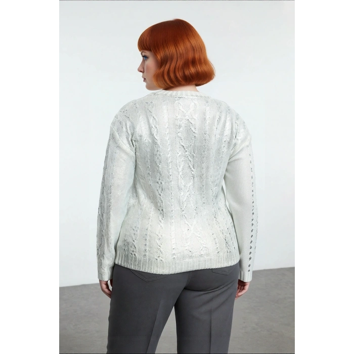 Kadın Triko Gümüş Varak Saç Örgü Crop Bisiklet Yaka Kışlık Rahat Günlük Kazak Stili Kaliteli