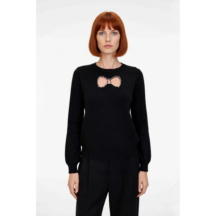 Kadın Triko Kazak Bisiklet Yaka Nakışlı İnci Detaylı Regular Kalıp Uzun Kollu Kışlık Şıklık