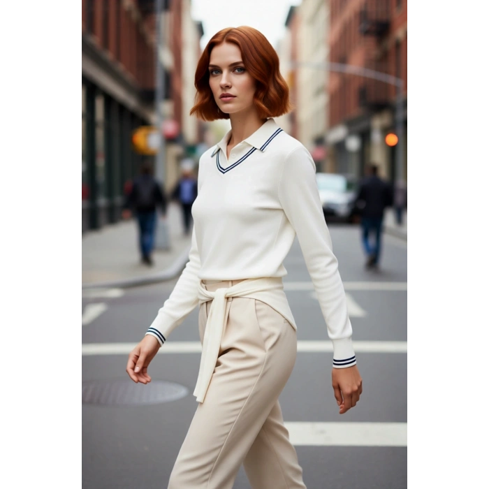 Kadın Triko Kazak İnce Yapılı Regular Kesim Polo Yaka Standart Kollu Şık ve Modern Tasarım