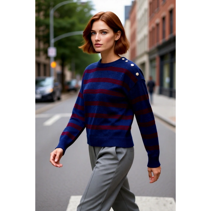 Kadın Triko Kazak Regular Kalıp Omuz Detaylı Bisiklet Yaka Çizgili Düşük Kol Orta Kalınlık