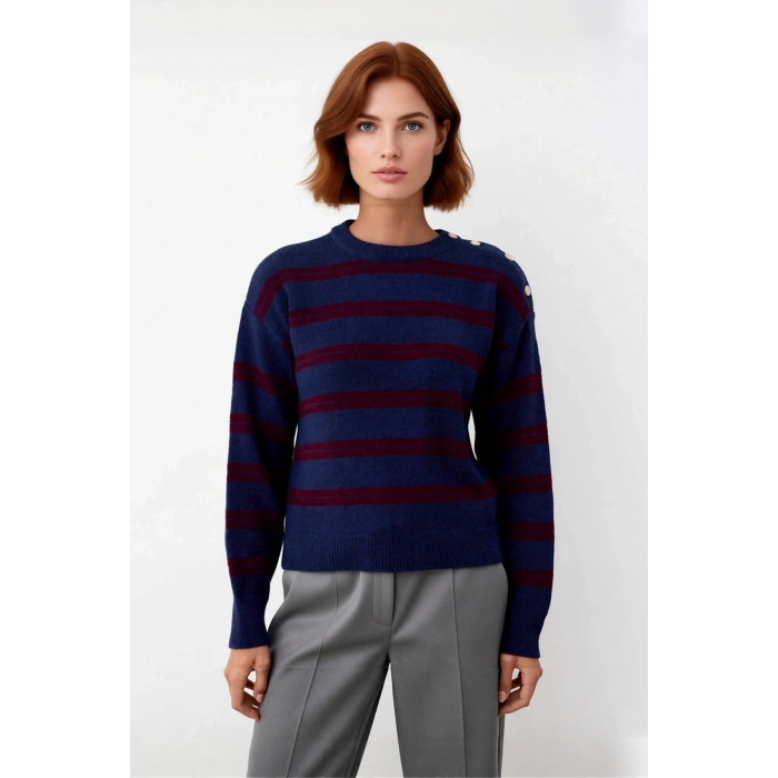 Kadın Triko Kazak Regular Kalıp Omuz Detaylı Bisiklet Yaka Çizgili Düşük Kol Orta Kalınlık