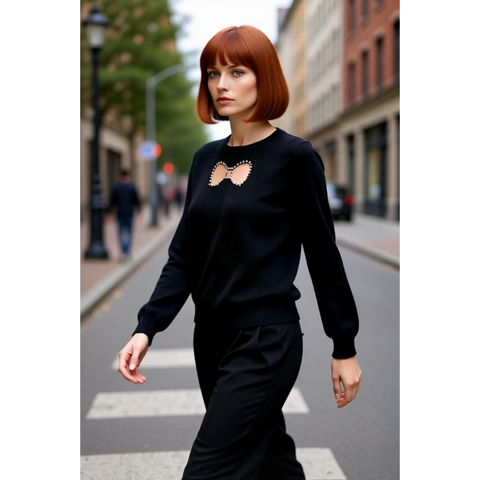 Kadın Triko Kazak Regular Kesim Bisiklet Yaka İnci Kurdele Detaylı Uzun Kollu Kış Şıklığı Kaliteli