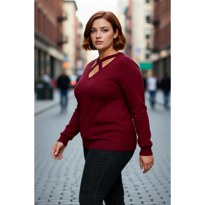 Kadın Triko Kazak V Yaka Kesik Detaylı Standart Kol Regular Kalıp Basic Günlük Giyim İçin İdeal