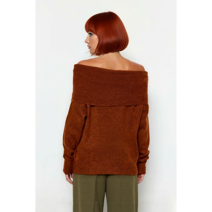 Kadın Triko Kışlık Kazak Regular Kalıp Uzun Kollu Carmen Yaka Günlük ve Şık Kombinler İçin