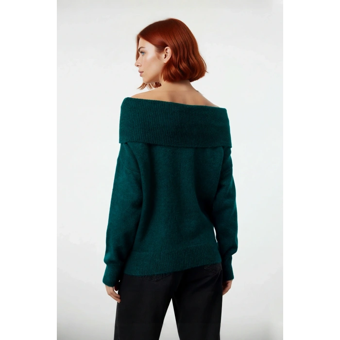 Kadın Triko Kışlık Kazak Regular Kalıp Uzun Kollu Carmen Yaka Günlük ve Şık Kombinler İçin