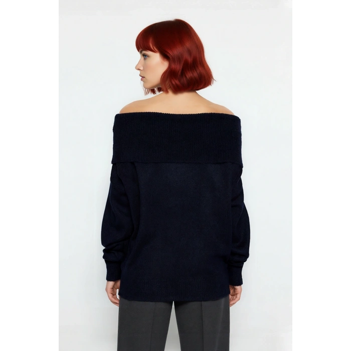 Kadın Triko Kışlık Kazak Regular Kalıp Uzun Kollu Carmen Yaka Günlük ve Şık Kombinler İçin