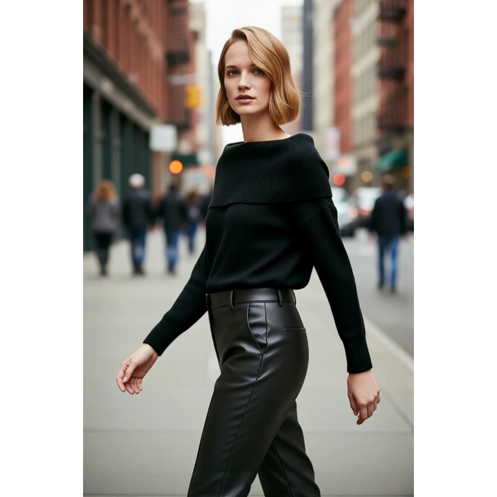 Kadın Triko Kışlık Kazak Regular Kalıp Uzun Kollu Carmen Yaka Günlük ve Şık Kombinler İçin