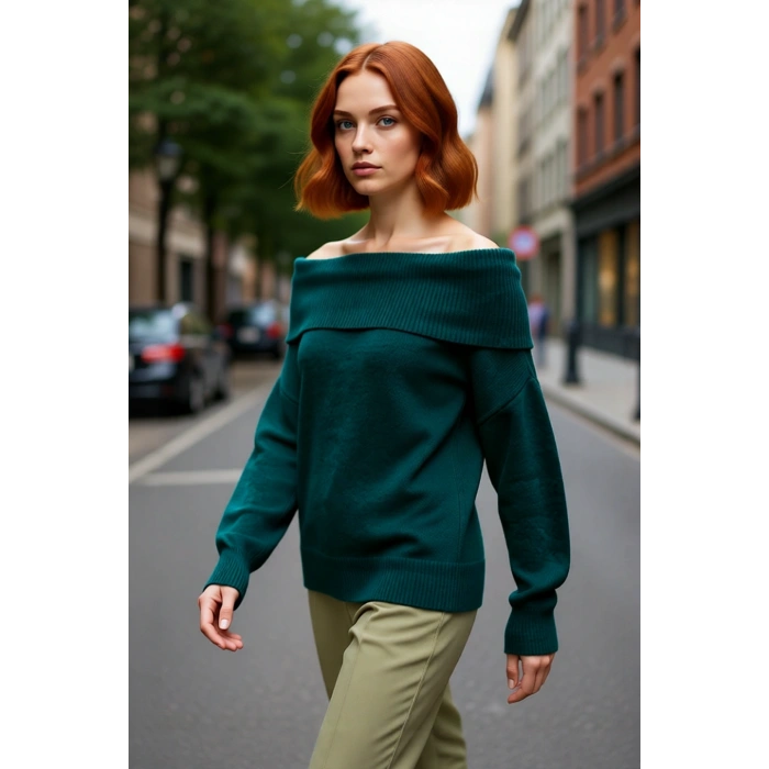 Kadın Triko Kışlık Kazak Regular Kalıp Uzun Kollu Carmen Yaka Günlük ve Şık Kombinler İçin