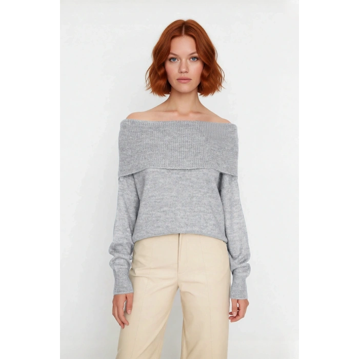 Kadın Triko Kışlık Kazak Regular Kalıp Uzun Kollu Carmen Yaka Günlük ve Şık Kombinler İçin