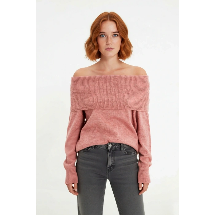 Kadın Triko Kışlık Kazak Regular Kalıp Uzun Kollu Carmen Yaka Günlük ve Şık Kombinler İçin