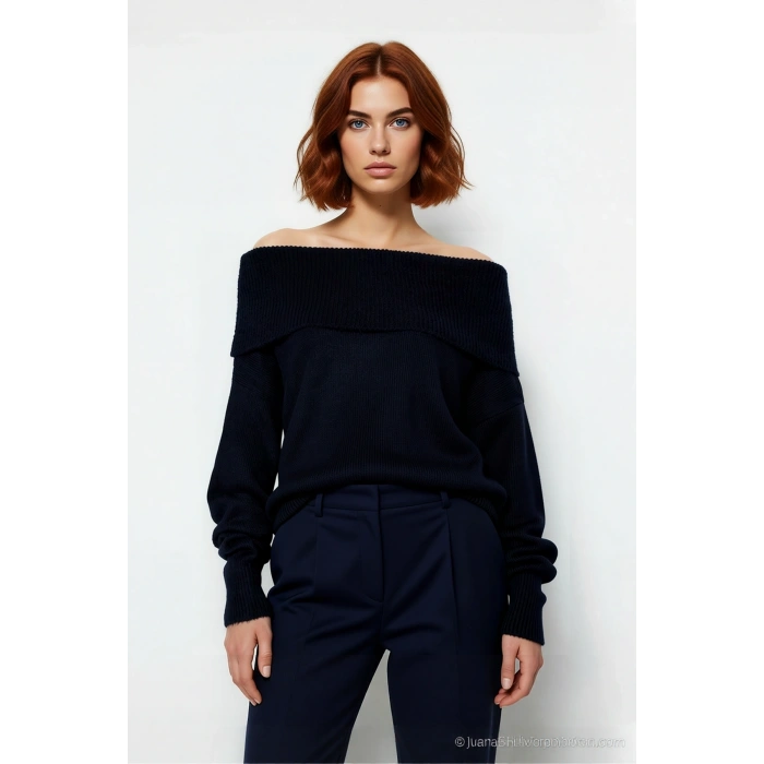 Kadın Triko Kışlık Kazak Regular Kalıp Uzun Kollu Carmen Yaka Günlük ve Şık Kombinler İçin