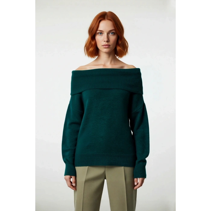 Kadın Triko Kışlık Kazak Regular Kalıp Uzun Kollu Carmen Yaka Günlük ve Şık Kombinler İçin