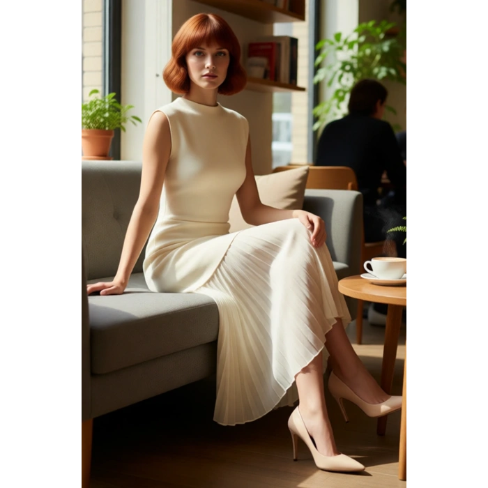 Kadın Triko Kolsuz Maxi Skater Elbise Bisiklet Yaka Modern Şık İlkbahar Sonbahar Giysisi Kaliteli