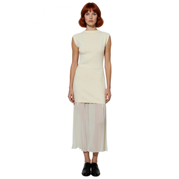 Kadın Triko Kolsuz Maxi Skater Elbise Bisiklet Yaka Modern Şık İlkbahar Sonbahar Giysisi Kaliteli