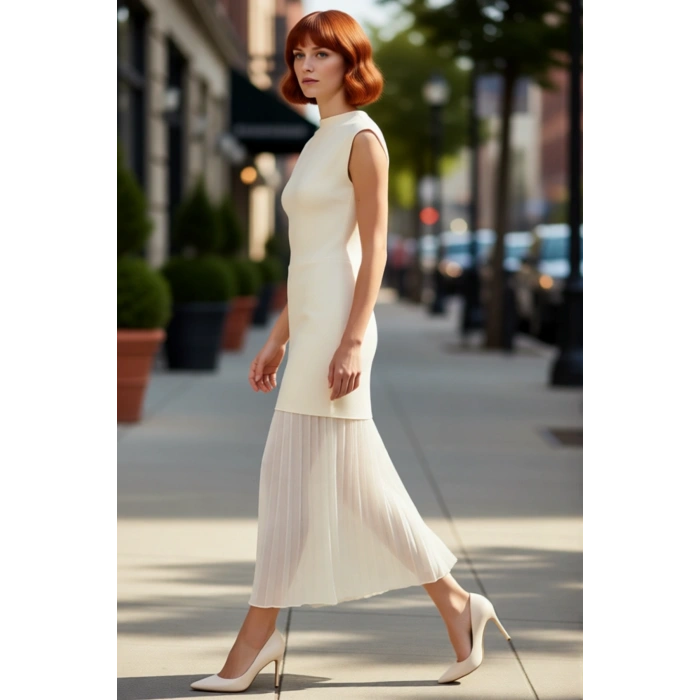 Kadın Triko Kolsuz Maxi Skater Elbise Bisiklet Yaka Modern Şık İlkbahar Sonbahar Giysisi Kaliteli