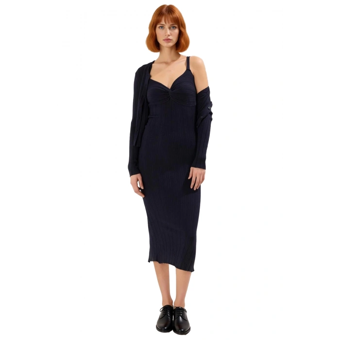 Kadın Triko Kumaş Bodycon Kesim Maxi Boy Kolsuz Elbise ve Standart Kol Hırka Seti Şık Rahatlık
