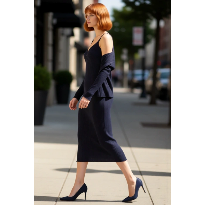 Kadın Triko Kumaş Bodycon Kesim Maxi Boy Kolsuz Elbise ve Standart Kol Hırka Seti Şık Rahatlık