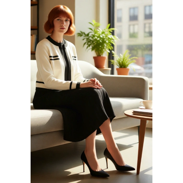 Kadın Triko Midi A Line Hırka Elbise Takım Renk Bloklu Bisiklet Yaka Kış Modası İle Konforlu Şıklık