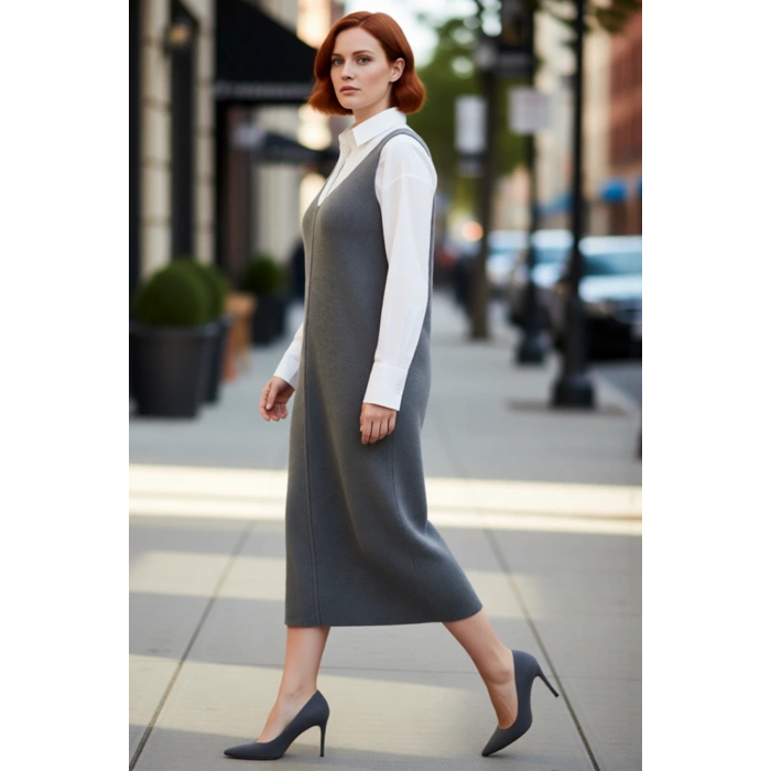 Kadın Triko Midi Elbise Shift Kalıp Gri Düz Desen V Yaka Günlük Şık Akrilik İlkbahar Sonbahar
