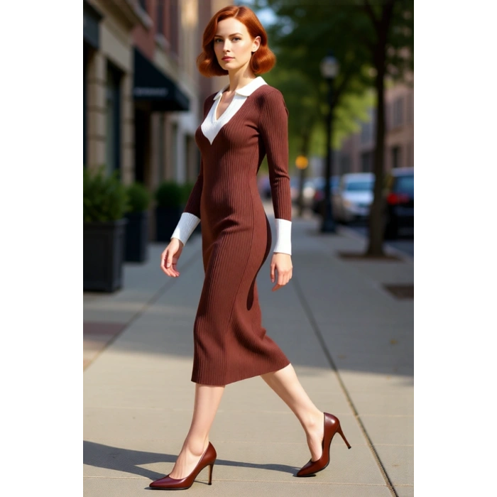 Kadın Triko Midi Elbise Uzun Kollu Polo Yaka Bodycon Kesim Renk Bloklu Smart Ofis Şıklığı Kaliteli