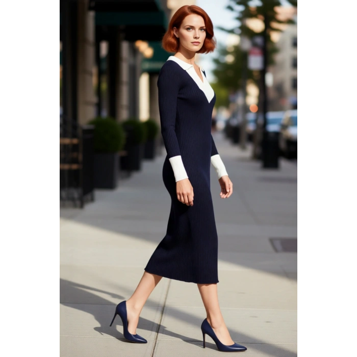 Kadın Triko Midi Elbise Uzun Kollu Polo Yaka Bodycon Kesim Renk Bloklu Smart Ofis Şıklığı Kaliteli