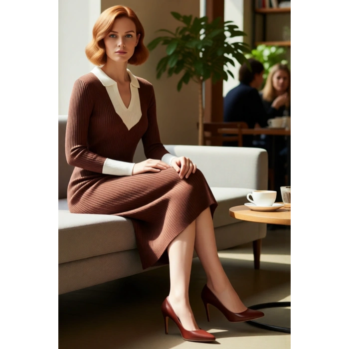 Kadın Triko Midi Elbise Uzun Kollu Polo Yaka Bodycon Kesim Renk Bloklu Smart Ofis Şıklığı Kaliteli