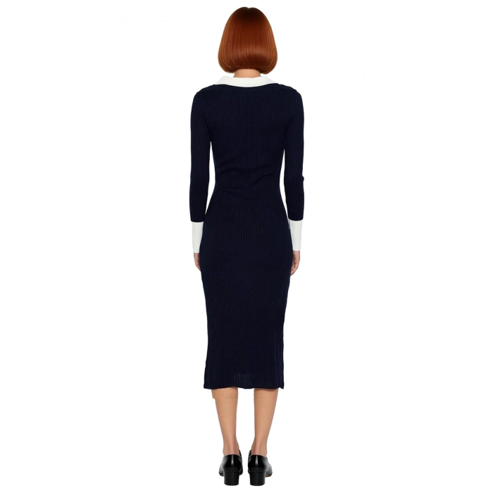 Kadın Triko Midi Elbise Uzun Kollu Polo Yaka Bodycon Kesim Renk Bloklu Smart Ofis Şıklığı Kaliteli