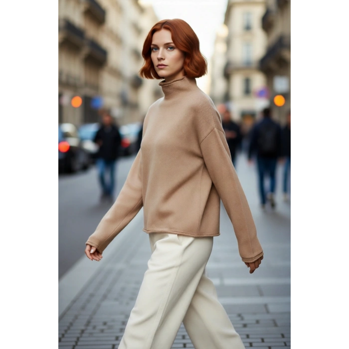 Kadın Triko Oversize Dik Yaka Kazak Uzun Düşük Kol Kışlık Ve Sonbaharlık Günlük Şık Giyim Kaliteli