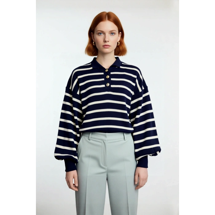 Kadın Triko Polo Yaka Çizgili Relaxed Kesim Düşük Kol Uzun Kollu Soğuk Hava Kazak Kaliteli