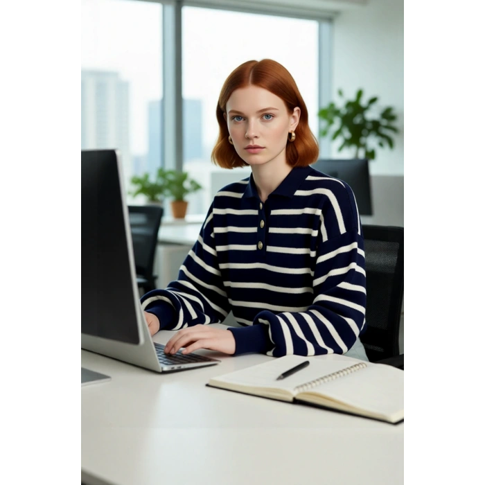 Kadın Triko Polo Yaka Çizgili Relaxed Kesim Düşük Kol Uzun Kollu Soğuk Hava Kazak Kaliteli