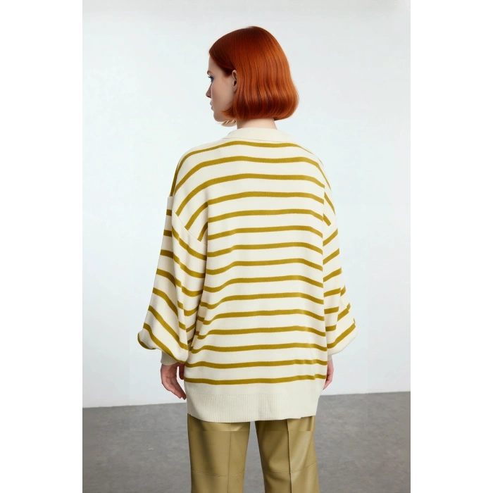 Kadın Triko Polo Yaka Çizgili Relaxed Kesim Düşük Kol Uzun Kollu Soğuk Hava Kazak Kaliteli