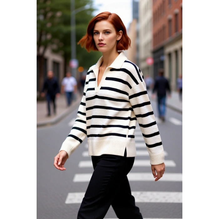 Kadın Triko Polo Yaka Kazak Oversize Kalıp Çizgili Deseniyle Modern ve Konforlu Kış Giyimi