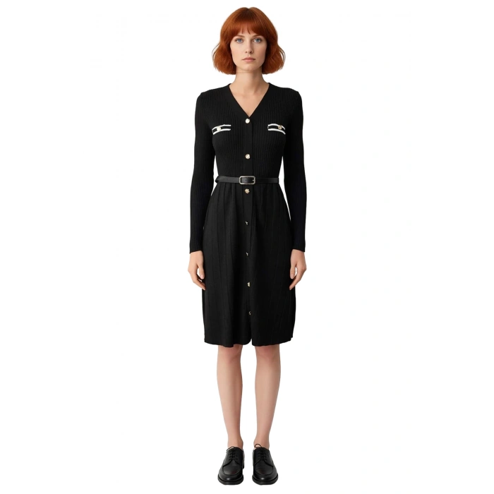 Kadın Triko Siyah Midi Elbise Fitilli Kumaş V Yaka Düğmeli Kemerli Uzun Kollu Şık Günlük Stili