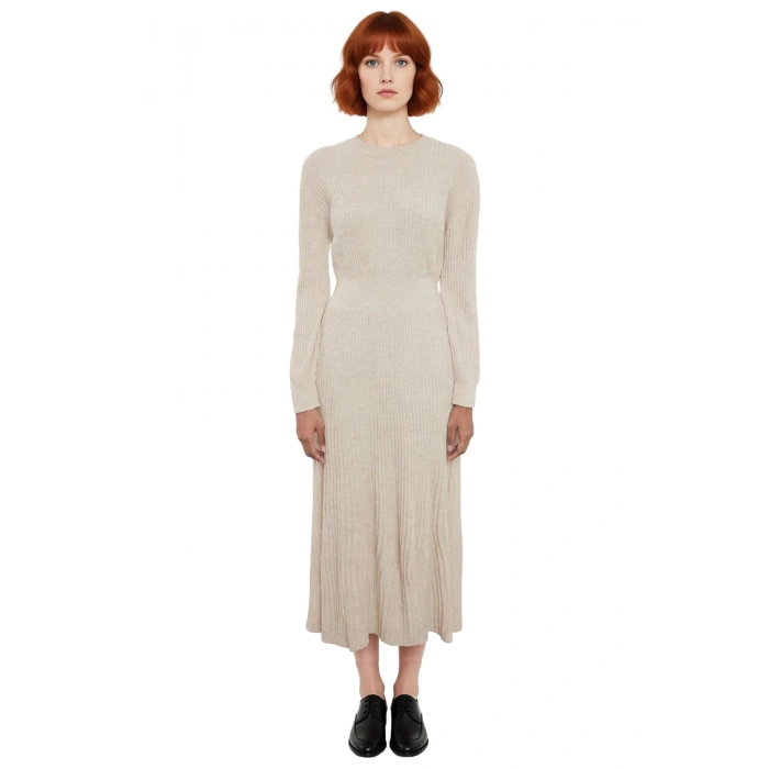 Kadın Triko Skater Kalıp Düz Desen Maxi Elbise Bisiklet Yaka Uzun Düşük Kol Kış Sezonu Şıklığı