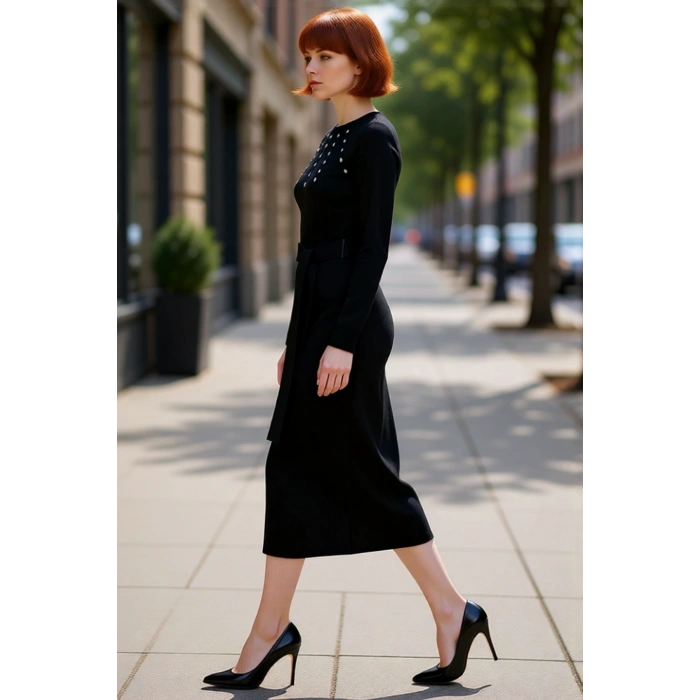 Kadın Triko Taş Detaylı Kuşaklı A Line Maxi Boy Elbise Şık Kışlık Tesettür Giyim İçin İdeal