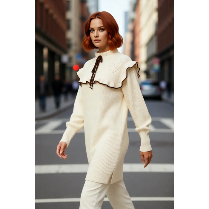 Kadın Triko Tunik Dik Yaka Düşük Kollu Saç Örgü Detaylı Şık Ve Rahat Kışlık Kazak Kaliteli