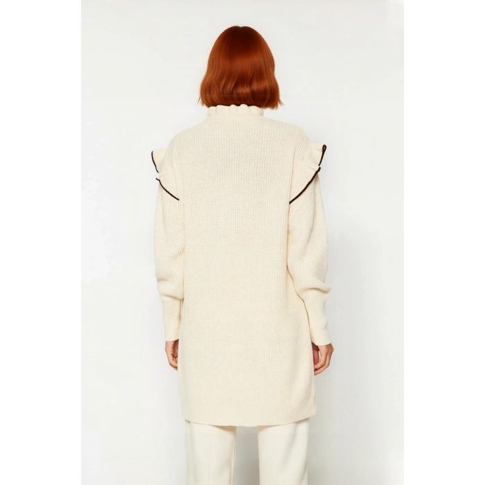 Kadın Triko Tunik Dik Yaka Düşük Kollu Saç Örgü Detaylı Şık Ve Rahat Kışlık Kazak Kaliteli