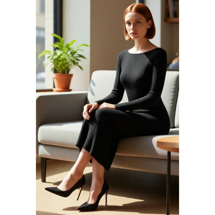 Kadın Triko Uzun Kollu Maxi Boy Kayık Yaka Düz Desenli Esnek Şık Gündüz Gece Elbisesi Kaliteli