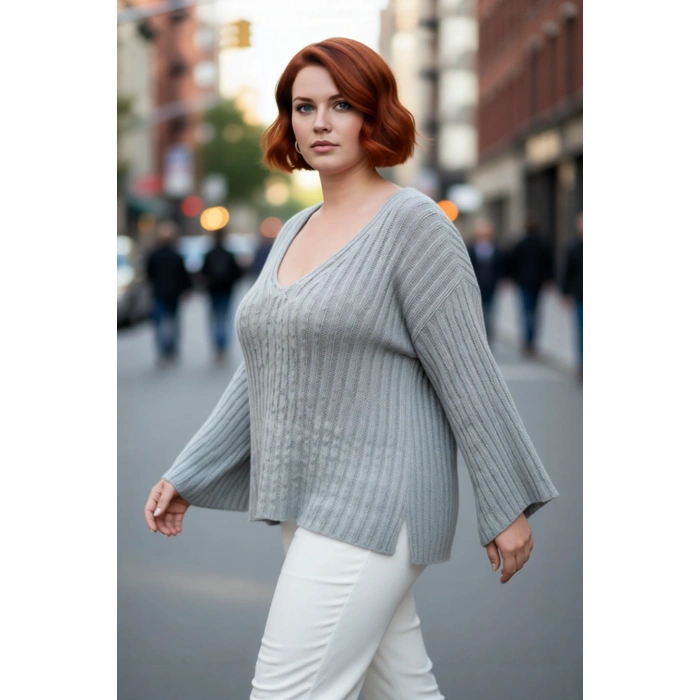 Kadın Triko V Yaka Düz Fitilli Kazak Günlük Kullanım İçin İdeal Regular Kalıp Düşük Kol Tasarım