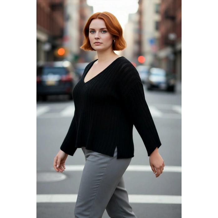 Kadın Triko V Yaka Düz Fitilli Kazak Günlük Kullanım İçin İdeal Regular Kalıp Düşük Kol Tasarım