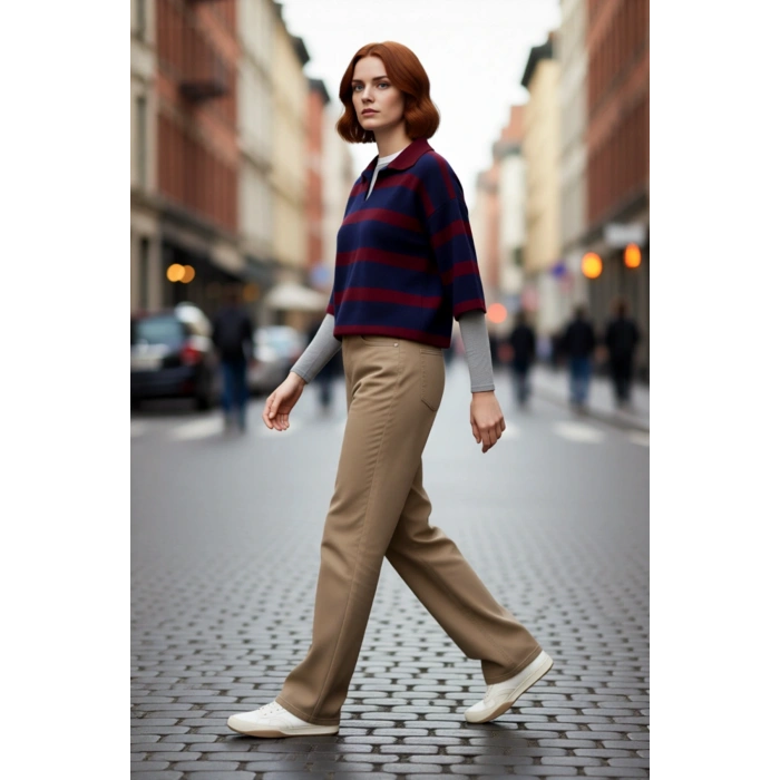 Kadın Truvakar Kol Polo Yaka Çizgili Triko Kazak Basic Rahat Kesimiyle Şık ve Konforlu Günler İçin