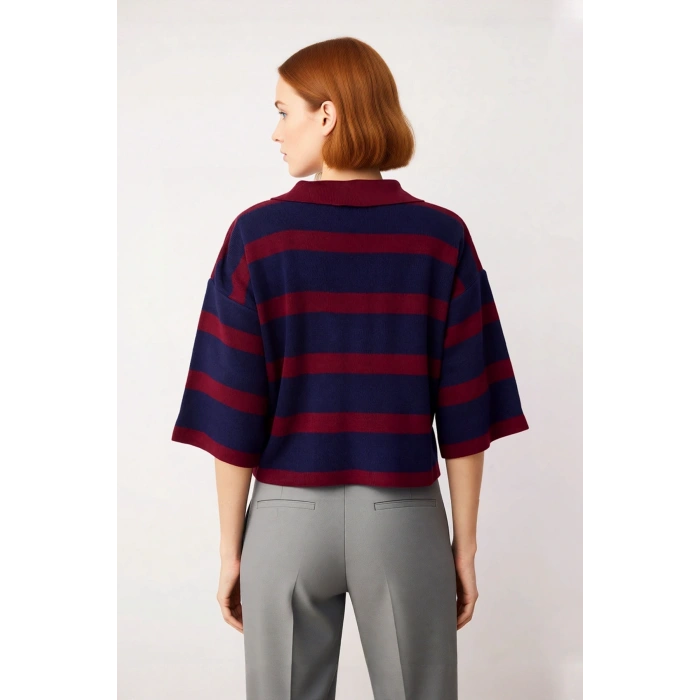 Kadın Truvakar Kol Polo Yaka Çizgili Triko Kazak Basic Rahat Kesimiyle Şık ve Konforlu Günler İçin
