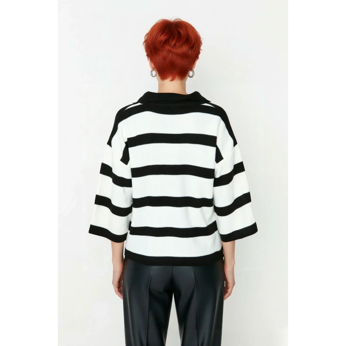Kadın Truvakar Kol Polo Yaka Çizgili Triko Kazak Basic Rahat Kesimiyle Şık ve Konforlu Günler İçin