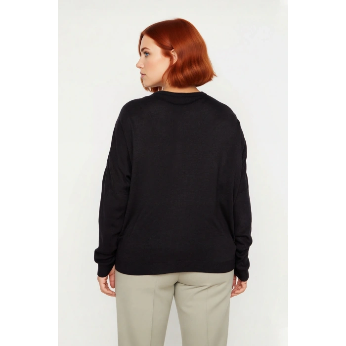 Kadın Tül Detaylı Puantiyeli Bisiklet Yaka Relaxed Kalıp Uzun Kollu Triko Kazak Sonbahar Kış Şıklığı